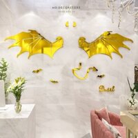 Tranh dán tường mica 3d decor khổ lớn đôi cánh  thiên thần (màu vàng) trang trí quán trà sữa quán nước