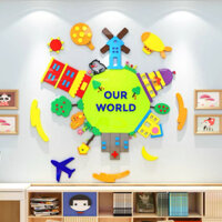 Tranh dán tường mica 3d our world, trang trí mầm non, trang trí khu vui chơi trẻ em