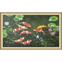 Tranh dán tường phong thủy cửu ngư quần hội LunaCV-0472K KT 100x60 cm phủ kim sa