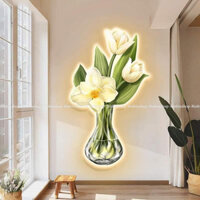 Tranh đèn led tráng gương bình hoa tulip trắng 2 uv cao cấp tranh trang trí decor có điều khiển