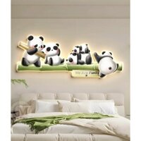 Tranh đèn led tráng gương in UV bóng gia đình gấu trúc 3 trang trí phòng bé kèm đinh treo