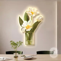 Tranh đèn led tráng gương uv cao cấp bình hoa tulip trắng vàng kèm đinh treo