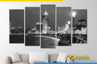 Tranh đen trắng đêm Thượng Hải đẹp AmiA CA125 ghép 5 tấm