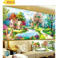 Tranh đính đá 3d đẹp Phong cảnh nhà bên hồ thiên nga Y8164 (120x60cm) [KHO SỈ] Tranh chất lượng cao