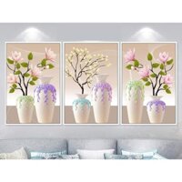 Tranh Đính Đá BÌNH HOA 3 BỨC (ĐÁ ABC CAO CẤP). Kích Thước: 1m48 x 70cm