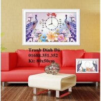 tranh đính đá đông hồ thư pháp vợ chông đôi chim công kt 80x50cm