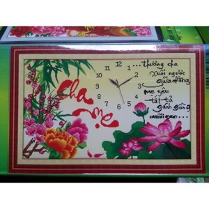 Tranh đính đá H759 - Đồng hồ cha mẹ (Đào sen trúc)