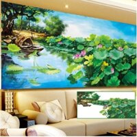 Tranh đính đá hồ sen đẹp kt120x65cm