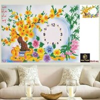 Tranh đính đá HOA KHAI PHÚ QUÝ ĐỒNG HỒ CÀNH MAI VÀNG LV344 kích thước 65x45cm