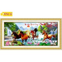 Tranh đính đá phong thủy Mã đáo thành công 8 con ngựa Lv031 (160x70cm) [KHO SỈ] Tranh chất lượng cao