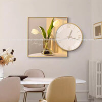 Tranh đồng hồ tráng gương bình hoa tulip 7 bo viền tặng kèm đinh và pin