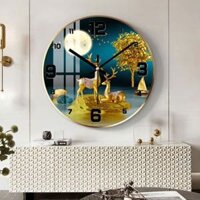 Tranh đồng hồ treo tường hình tròn huơu vàng tài lộc DHT063