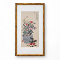 Tranh đóng khung gỗ bản in vẽ hoa cúng trong dịp Tết Nguyên Tiêu của Trần Thư (1735)