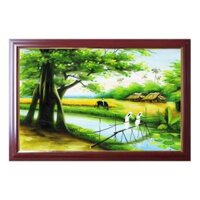 Tranh đồng quê con sông cây cầu, tranh phong cảnh trang trí TDQ-40 - 60x80-Ko Khung