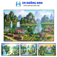 Tranh đồng quê tráng gương KÈM KHUNG KHỔ LỚN, tranh làng quê cây đa giếng nước sân đình  trang trí phòng khách