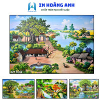 Tranh đồng quê tráng gương KÈM KHUNG KHỔ LỚN, tranh làng quê cây đa giếng nước sân đình  trang trí phòng khách