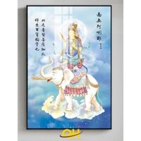 Tranh Đức Phổ Hiền Bồ Tát mẫu Phật Giáo hiện đại chất liệu gỗ in tráng gương bọc viền cao cấp