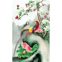 Tranh gắn đá toàn bộ - đôi chim trĩ và hoa mẫu đơn