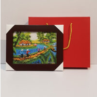 Tranh gạo sông quê VN, quà lưu niệm Việt Nam, tặng 1 hộp đựng tranh.