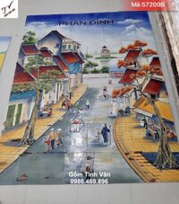 Tranh ghép gốm sứ tráng men, mã 572098, cảnh phố cổ hà nội, tháp rùa hồ gươm, gốm bát tràng màu bền vĩnh cửu, tranh sứ ghép dán tường cao cấp