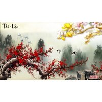 Tranh hoa đào tranh thủy mặc,tranh núi non,tranh phong cảnh,tranh dán tường có làm viền giả khung theo ý khách