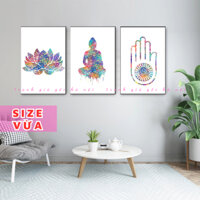 Tranh hoa sen tượng phật thiền định sắc màu in vải canvas nhập khẩu cao cấp có khung, đinh treo mẫu độc quyền tại shop