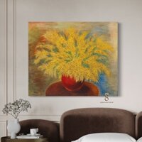 Tranh In Canvas | Bình Hoa Mimosa | Tranh Danh hoạ 1FHSTIL015 | Tranh Đã Căng Khung | Tặng Kèm Đinh Treo 78Decor