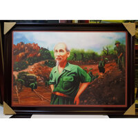 TRANH IN DẦU -BÁC HỒ CÙNG BỘ ĐỘI CÔNG BINH MỞ ĐƯỜNG TRƯỜNG SƠN - Khổ 70100cm