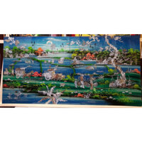 TRANH KHẢM TRAI SƠN MÀI - ĐỒNG QUÊ CẤY CÀY - MÀU XANH