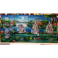 TRANH KHẢM TRAI SƠN MÀI - PHÚC LỘC THỌ  BỘ TAM ĐA -nền màu xanh