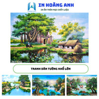 Tranh làng quê Dán tường KHỔ LỚN, cây đa giếng nước sân đình tranh treo tường trang trí phòng khách, phòng ngủ