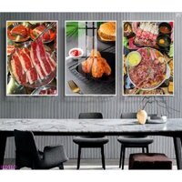 Tranh lẩu nướng BBQ treo nhà hàng quán lẩu nướng bộ 3 bức phong cách Hàn Quốc/ Tranh decor nhà hàng buffet in UV cao cấp