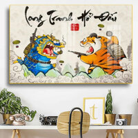 Tranh Long Tranh Hổ Đấu, chất liệu in gỗ tráng gương bọc viền cao cấp