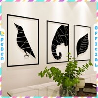 Tranh mica EPeBen dán tường nổi 3d hình 3 khung chim, voi, chiếc lá decor trang trí phong cách hiện đại
