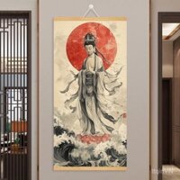 Tranh mực Phật Bà Quan Âm Bồ Tát có thể treo tường, Tặng Đinh không vết, không đục lỗ, Tranh trang trí lối vào phòng khách, tranh treo gỗ nguyên khối