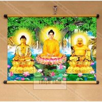 Tranh Phật Adida, Dược Sư, Di Lặc treo tường khổ lớn 70x50cm bằng vải bóng cao cấp dày dặn