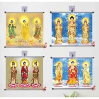Tranh Phật giáo - Phật Tam Thánh in Lụa và nẹp sáo Nhôm, kích thước 60 x 50, 80 x 65, 100 x 80cm