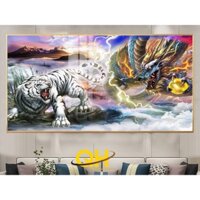 Tranh phong thủy Long Hổ Hội, Dũng Mãnh - Thống Trị Trời Đất, chất liệu gỗ in tráng gương bọc viền