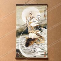 Tranh Quan Âm Bồ Tát Cưỡi Cá Chép nẹp gỗ 40x75cm treo tường bằng vải cao cấp dày dặn