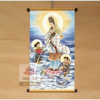 Tranh Quan Âm Bồ Tát Tiên Đồng Ngọc Nữ 40x70cm bằng vải phủ bóng cao cấp dày dặn