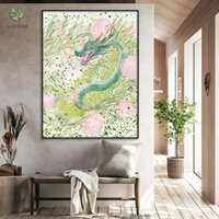 Tranh Rồng phong cách hiện đại hai tone màu hồng và xanh pastel nhẹ nhàng trang trí decor