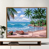 tranh số hoá Tự làm thủ công màu dầu giải nén phong cảnh bên bờ biển trang trí tối giản hiện đại bãi biển kỳ nghỉ11