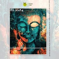 Tranh số hóa tự tô Madoca có khung 40x50cm chân dung tượng phật xanh bên hoa sen T2084