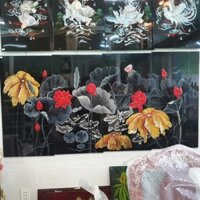 Tranh sơn mài Hoa Sen đắp nổi 3D 60x120 cm treo tường, trang trí nhà cửa, văn phòng, quà tặng