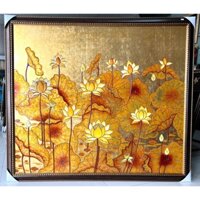 Tranh sơn mài HOA SEN đắp nổi cẩn trứng nền dát vàng cao cấp size 134x154 cm ( size kèm khung)