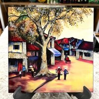 Tranh sơn mài Thanh Bình Lê- PHỐ CỔ Việt Nam vẽ màu cẩn trứng đẹp, hàng xuất khẩu size 30x30 cm