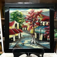 Tranh sơn mài Thanh Bình Lê- PHỐ CỔ Việt Nam vẽ màu cẩn trứng đẹp, hàng xuất khẩu size 50x50 cm