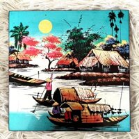Tranh sơn mài Thanh Bình Lê - ĐỒNG QUÊ Việt Nam nền dát vàng/ bạc size 15x15cm