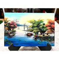 Tranh sơn mài Thanh Bình Lê - ĐỒNG QUÊ Việt Nam vẽ màu kết hợp cẩn vỏ trứng đẹp size 20x30 cm