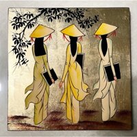 Tranh sơn mài Thanh Bình Lê- CÔ GÁI ÁO DÀI Việt Nam nền dát vàng size 24cm vuông
